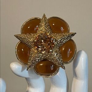 *RARE* Vintage Benedikt NY Amber Colored Glass Cabochon Star Brooch